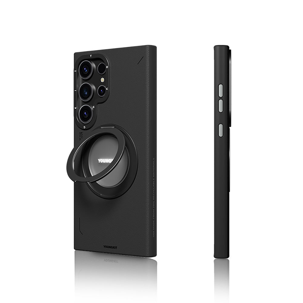 Galaxy S24 Ultra Kılıf M-safe Şarj Özellikli 360° Standlı Basit Mat Deri Desenli Youngkit Tech Leather Serisi Kapak Gri