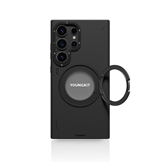 Galaxy S24 Ultra Kılıf M-safe Şarj Özellikli 360° Standlı Basit Mat Deri Desenli Youngkit Tech Leather Serisi Kapak Siyah