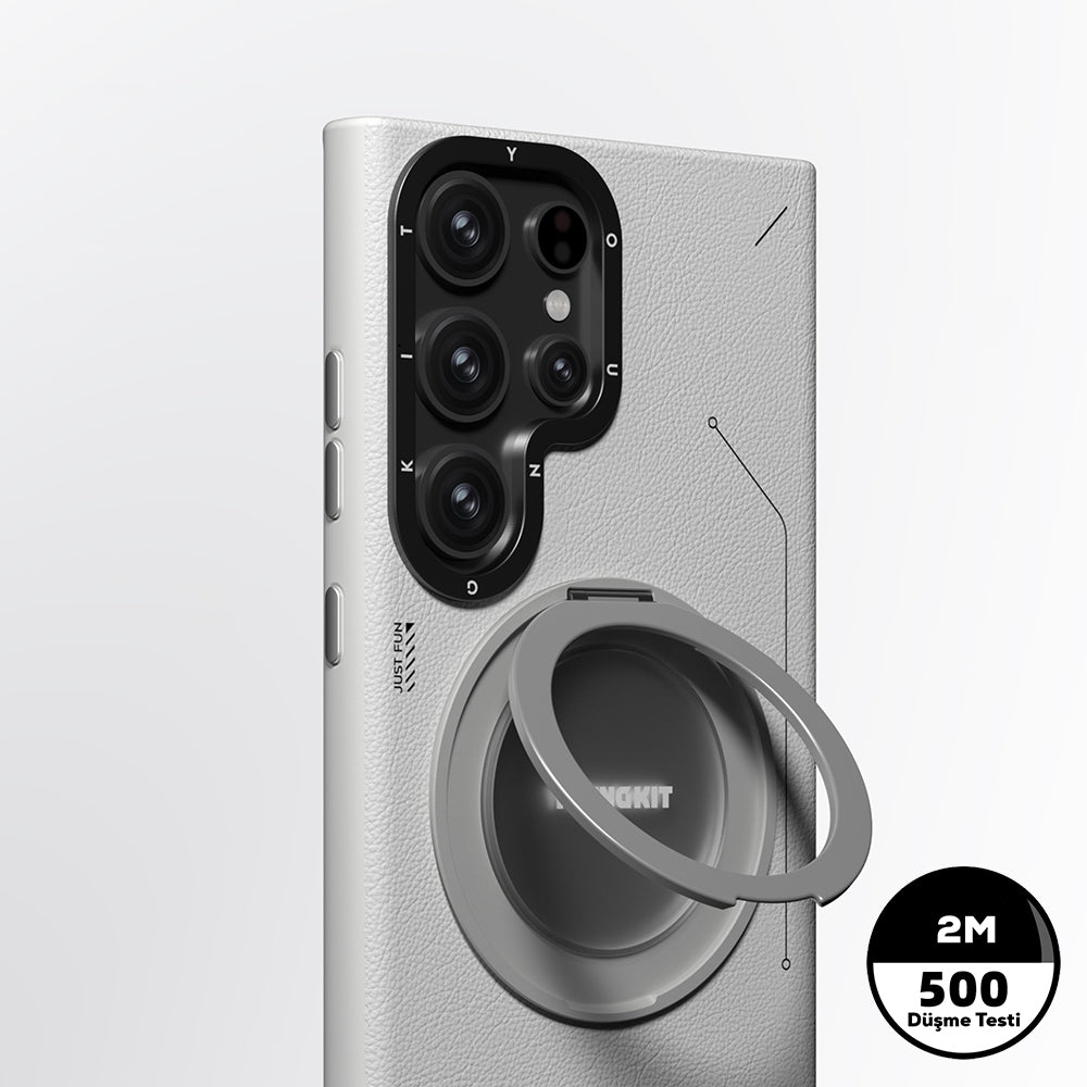 Galaxy S24 Ultra Kılıf M-safe Şarj Özellikli 360° Standlı Basit Mat Deri Desenli Youngkit Tech Leather Serisi Kapak Siyah