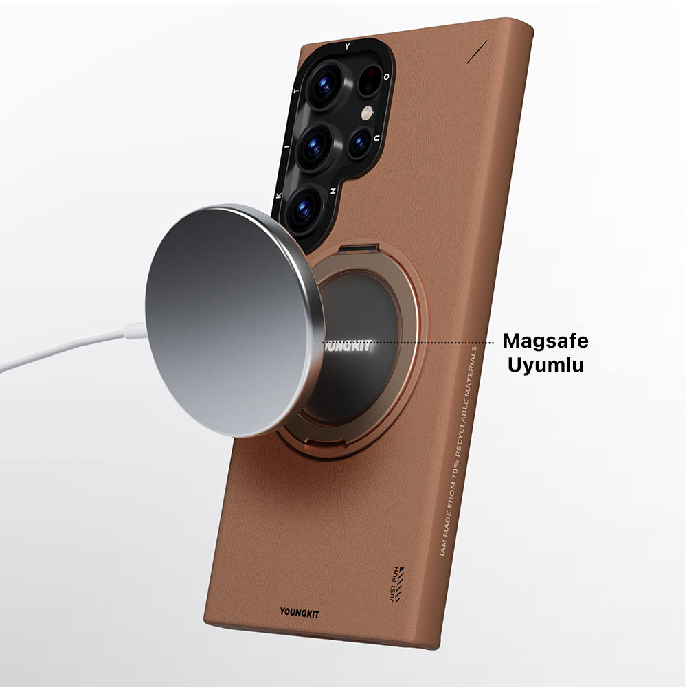 Galaxy S24 Ultra Kılıf M-safe Şarj Özellikli 360° Standlı Basit Mat Deri Desenli Youngkit Tech Leather Serisi Kapak Kahverengi