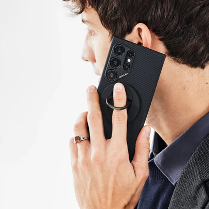 Galaxy S24 Ultra Kılıf M-safe Şarj Özellikli 600D Aramid Fiber Pitaka Ultra-Slim Classic Serisi Black-Grey Twill Kapak Siyah