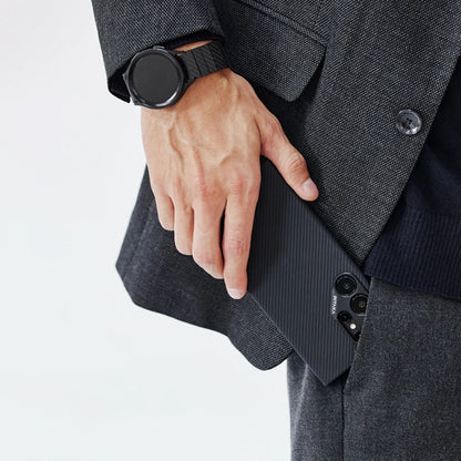 Galaxy S24 Ultra Kılıf M-safe Şarj Özellikli 600D Aramid Fiber Pitaka Ultra-Slim Classic Serisi Black-Grey Twill Kapak Siyah