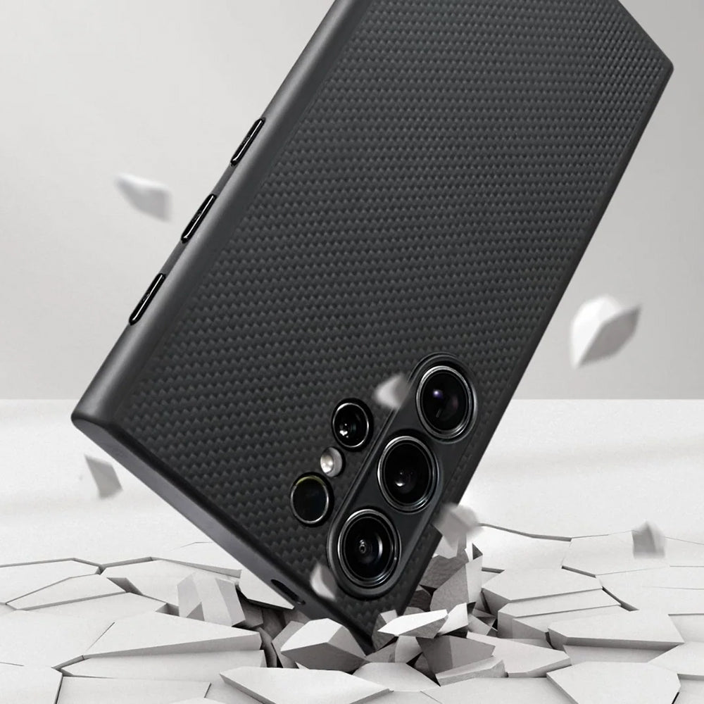 Galaxy S24 Ultra Kılıf M-safe Şarj Özellikli Aramid Fiber 3 Fonksiyon Butonlu Pitaka PinButton Serisi Kapak Siyah-Gri