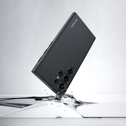 Galaxy S24 Ultra Kılıf M-safe Şarj Özellikli Aramid Fiber 3 Fonksiyon Butonlu Pitaka PinButton Serisi Kapak Siyah-Gri