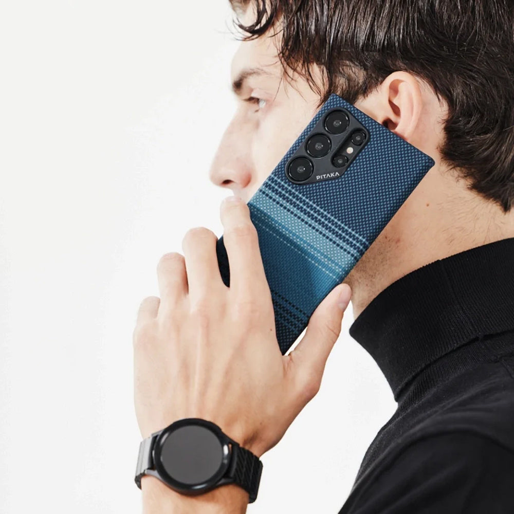 Galaxy S24 Ultra Kılıf M-safe Şarj Özellikli Aramid Fiber Pitaka Tactile Woven Sunset-Moonrise Serisi Moonrise Kapak Mavi