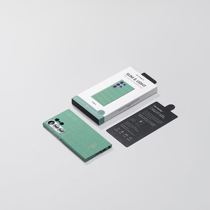 Galaxy S24 Ultra Kılıf M-safe Şarj Özellikli 1500D Aramid Fiber Pitaka Ultra-Slim Classic Serisi Aomori Kapak Yeşil