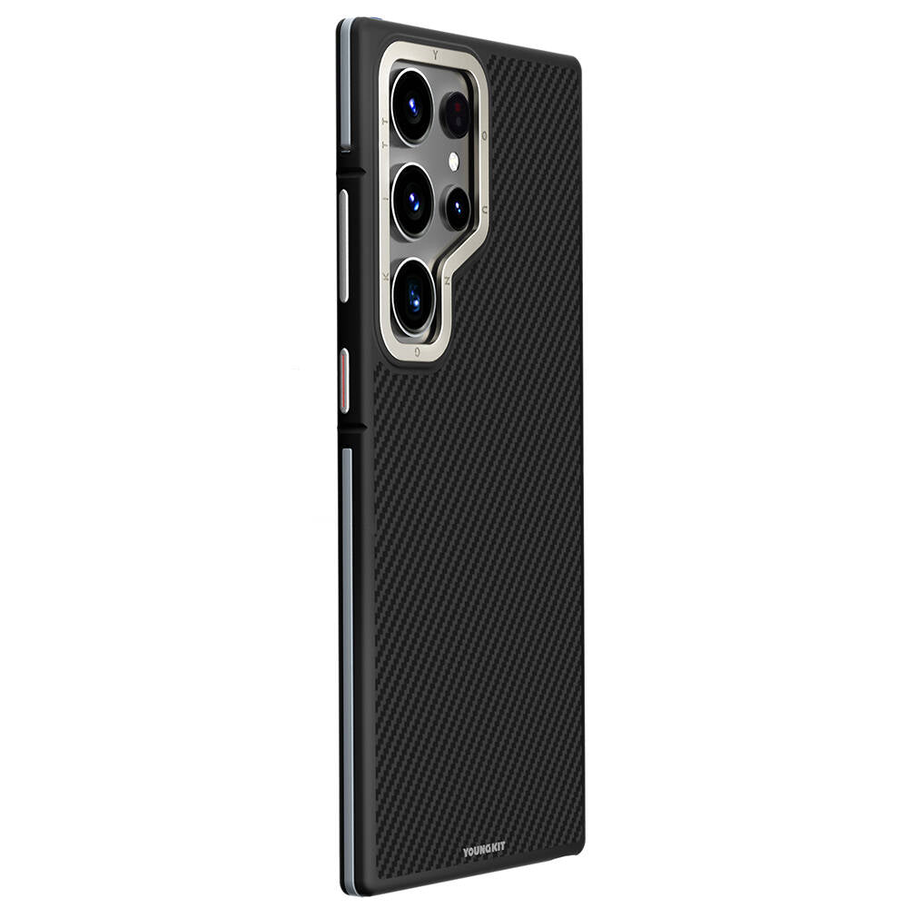 Galaxy S24 Ultra Kılıf M-safe Şarj Özellikli Aramid Fiber Tasarımlı Youngkit 600D Kevlar Serisi Kapak Siyah