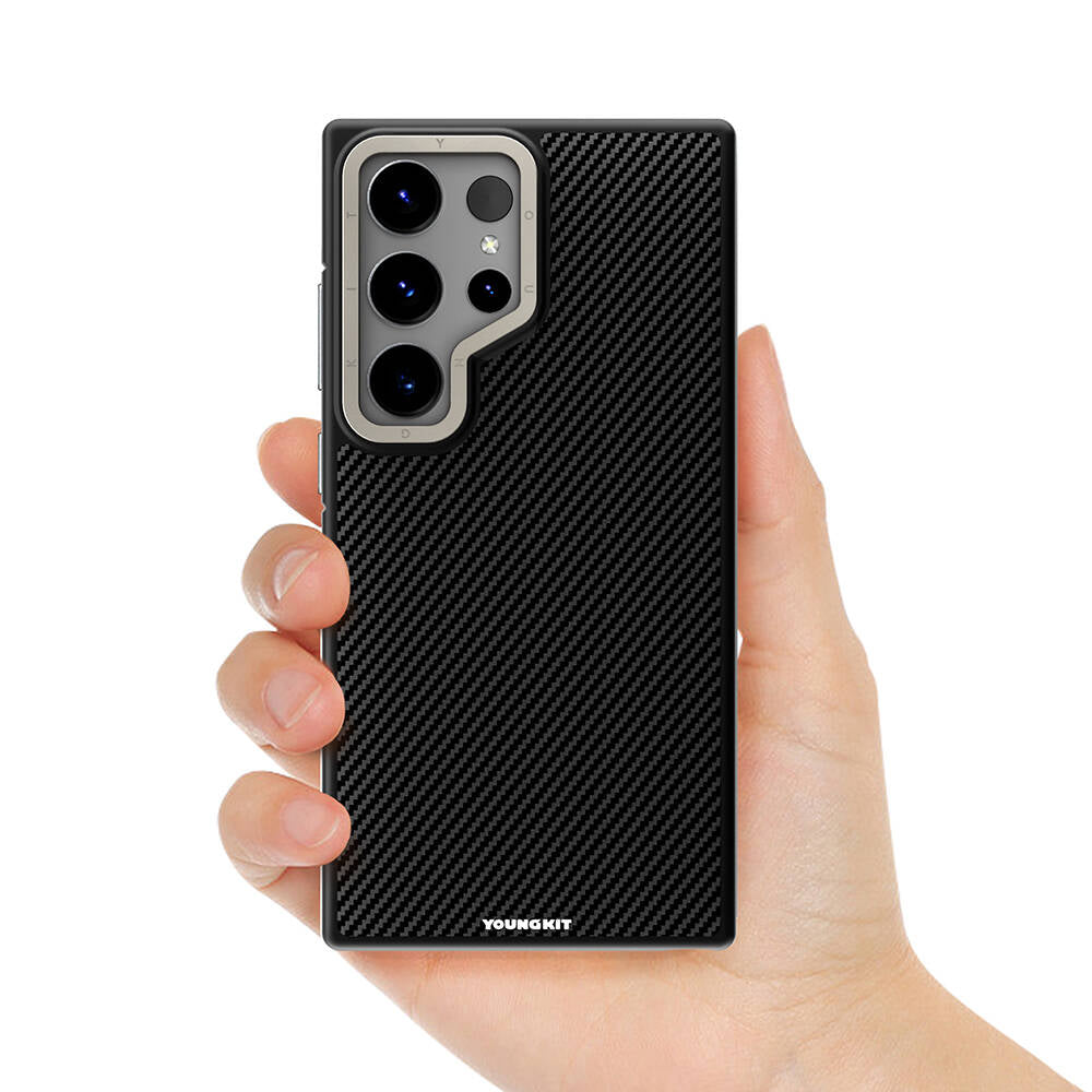 Galaxy S24 Ultra Kılıf M-safe Şarj Özellikli Aramid Fiber Tasarımlı Youngkit 600D Kevlar Serisi Kapak Siyah
