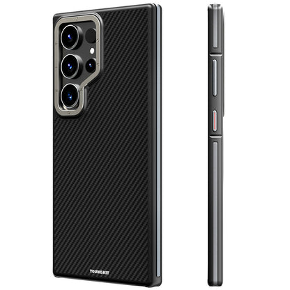 Galaxy S24 Ultra Kılıf M-safe Şarj Özellikli Aramid Fiber Tasarımlı Youngkit 600D Kevlar Serisi Kapak Siyah