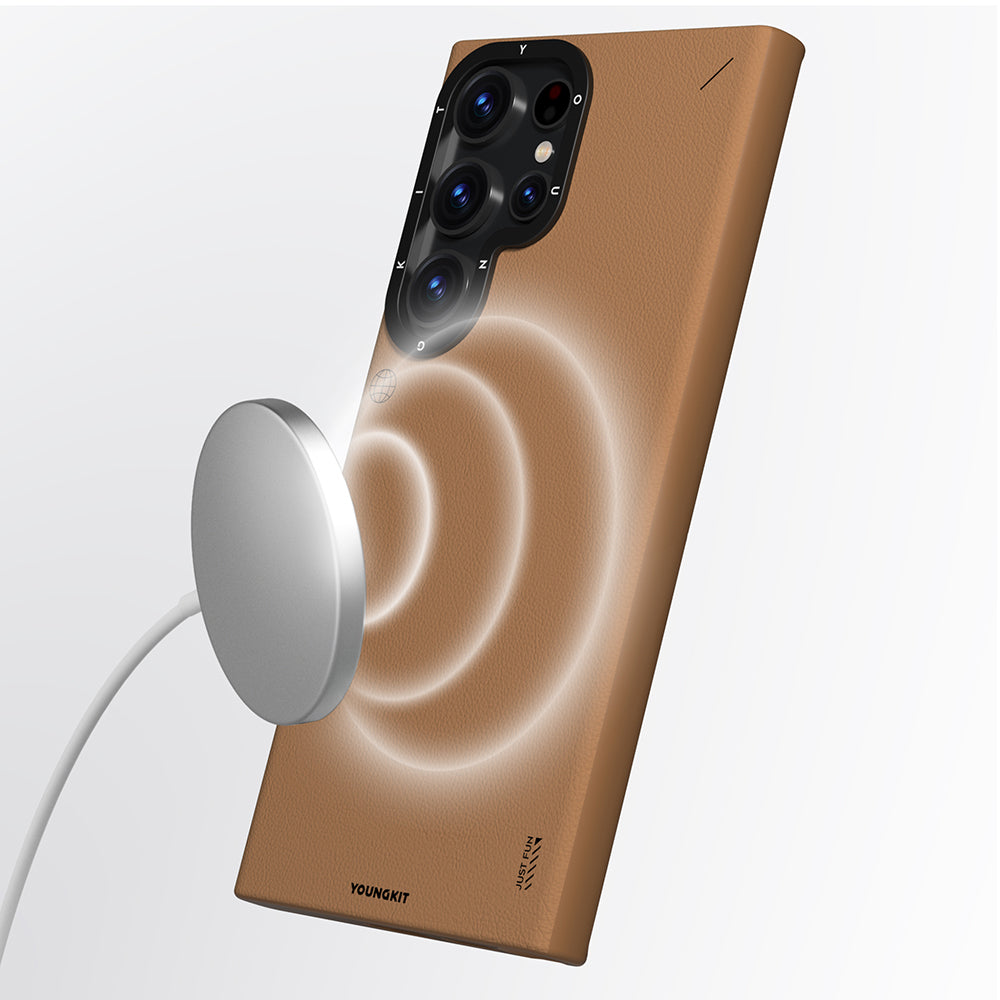 Galaxy S24 Ultra Kılıf M-safe Şarj Özellikli Basit Mat Deri Desenli Youngkit Tech Fashion Serisi Kapak Siyah