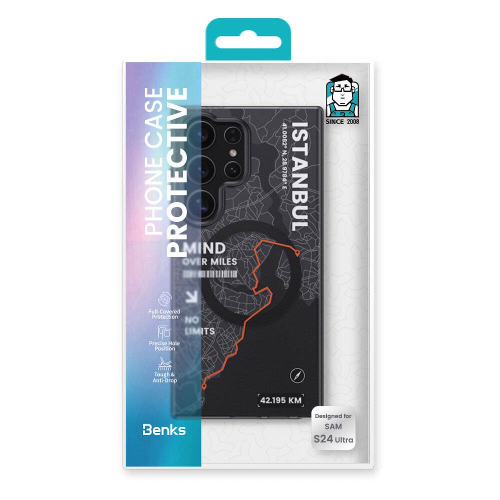 Galaxy S24 Ultra Kılıf M-safe Şarj Özellikli Benks City Serisi Kapak Siyah-Turuncu