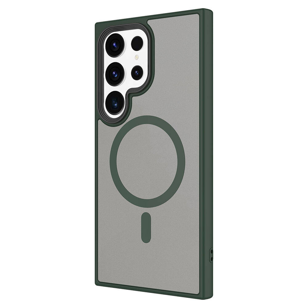 Galaxy S24 Ultra Kılıf Sert PC Arka Yüzey Wireless Şarj Özellikli Zore Flet M-safe Kapak Koyu Yeşil