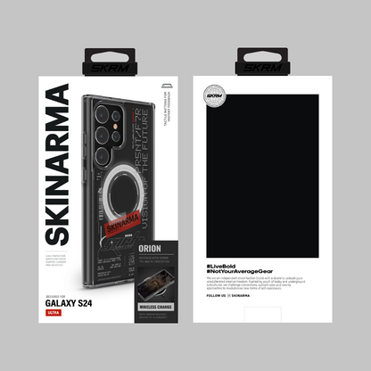 Galaxy S24 Ultra Kılıf SkinArma M-safe Şarj Özellikli Yazı Desenli Airbag Tasarımlı Orion Kapak Siyah