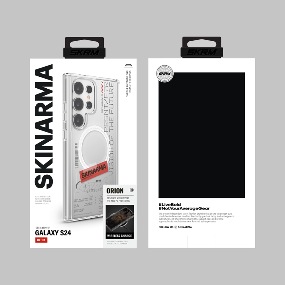 Galaxy S24 Ultra Kılıf SkinArma M-safe Şarj Özellikli Yazı Desenli Airbag Tasarımlı Orion Kapak Siyah