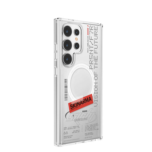 Galaxy S24 Ultra Kılıf SkinArma M-safe Şarj Özellikli Yazı Desenli Airbag Tasarımlı Orion Kapak Renksiz