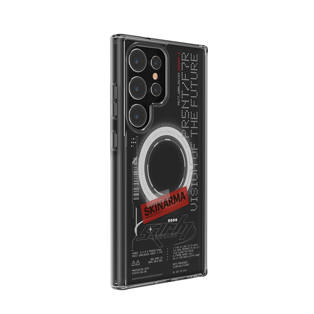 Galaxy S24 Ultra Kılıf SkinArma M-safe Şarj Özellikli Yazı Desenli Airbag Tasarımlı Orion Kapak Siyah