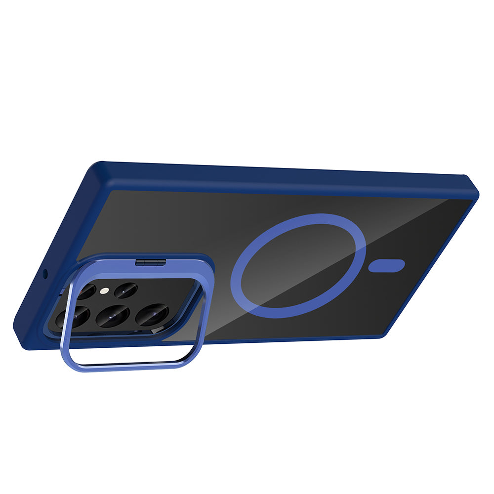 Galaxy S24 Ultra Kılıf Standlı ve Kamera Lens Hediyeli M-Safe Şarj Özellikli Zore Etro Kapak Derin Mor