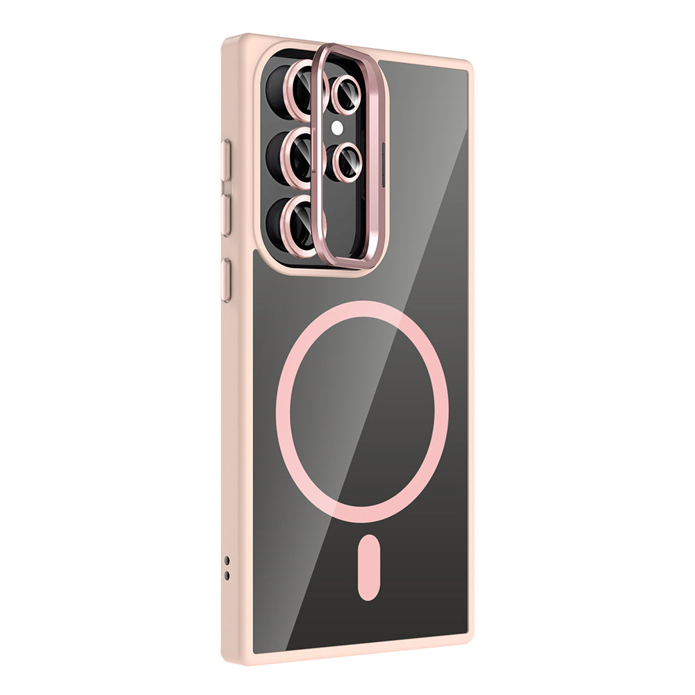 Galaxy S24 Ultra Kılıf Standlı ve Kamera Lens Hediyeli M-Safe Şarj Özellikli Zore Etro Kapak Derin Mor