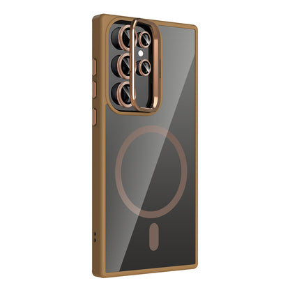 Galaxy S24 Ultra Kılıf Standlı ve Kamera Lens Hediyeli M-Safe Şarj Özellikli Zore Etro Kapak Desert Titanyum