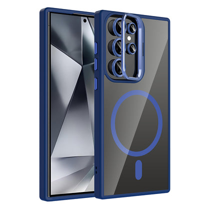 Galaxy S24 Ultra Kılıf Standlı ve Kamera Lens Hediyeli M-Safe Şarj Özellikli Zore Etro Kapak Lacivert