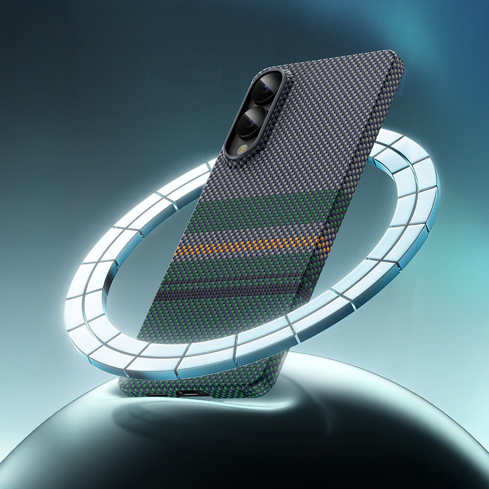 Galaxy S25 Edge Kılıf M-safe Şarj Özellikli Karbon Fiber Tasarımlı Benks Aurora ArmorAir Kevlar Kapak Yeşil