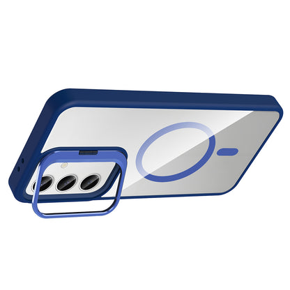 Galaxy S25 FE Kılıf Standlı ve Kamera Lens Hediyeli M-Safe Şarj Özellikli Zore Etro Kapak Lacivert