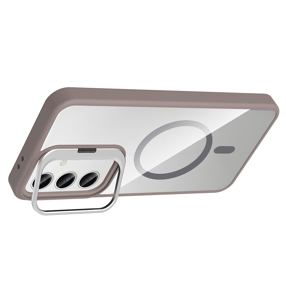 Galaxy S25 FE Kılıf Standlı ve Kamera Lens Hediyeli M-Safe Şarj Özellikli Zore Etro Kapak Derin Mor