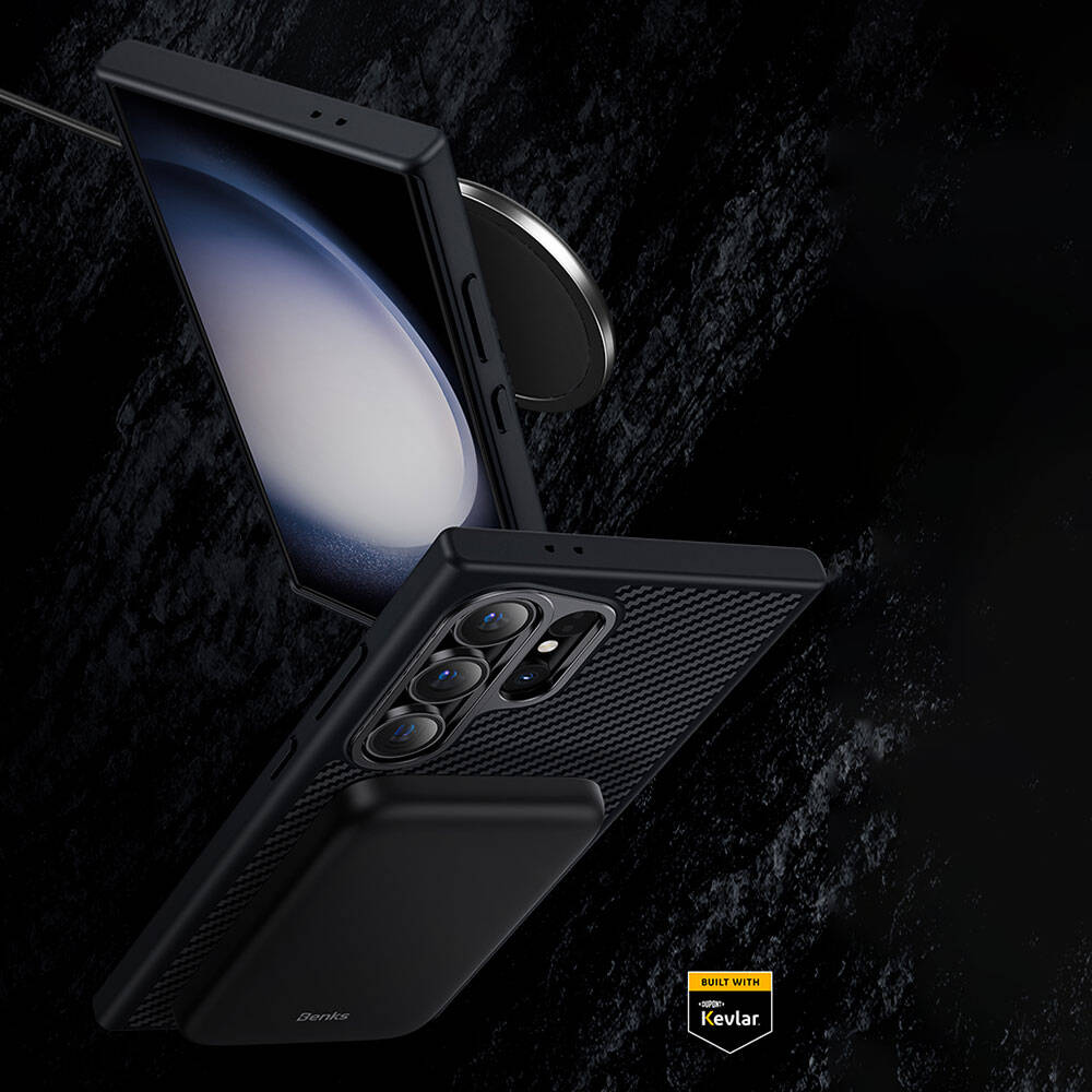 Galaxy S25 Kılıf Karbon Fiber M-safe Şarj Özellikli Benks Hybrid ArmorPro 600D Kevlar Kapak Siyah