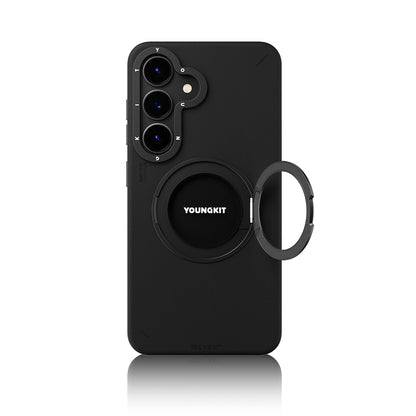 Galaxy S25 Kılıf M-safe Şarj Özellikli 360° Standlı Basit Mat Deri Desenli Youngkit Tech Leather Serisi Kapak Siyah