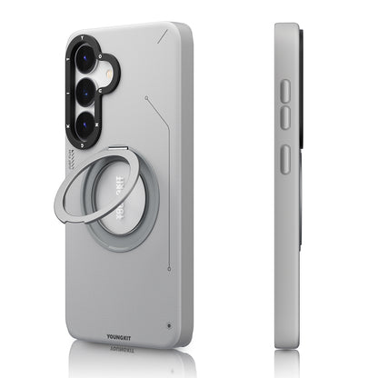 Galaxy S25 Kılıf M-safe Şarj Özellikli 360° Standlı Basit Mat Deri Desenli Youngkit Tech Leather Serisi Kapak Kahverengi