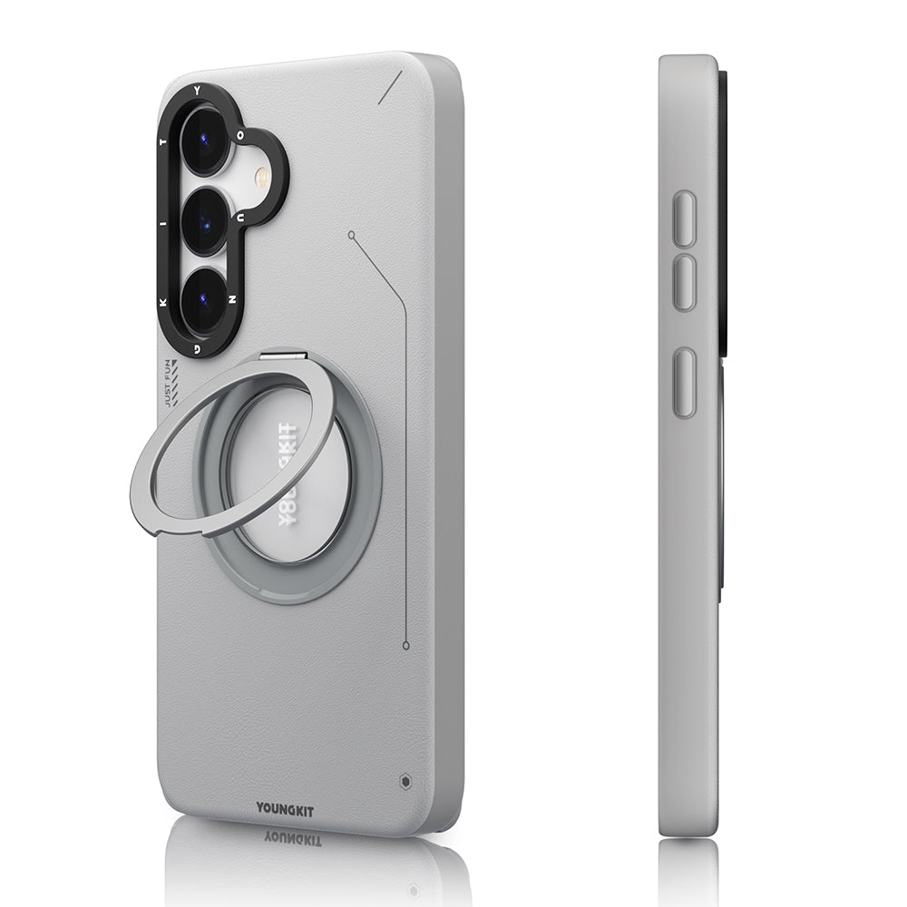 Galaxy S25 Kılıf M-safe Şarj Özellikli 360° Standlı Basit Mat Deri Desenli Youngkit Tech Leather Serisi Kapak Gri