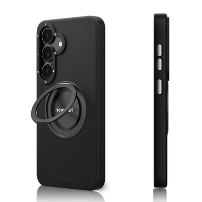 Galaxy S25 Kılıf M-safe Şarj Özellikli 360° Standlı Basit Mat Deri Desenli Youngkit Tech Leather Serisi Kapak Siyah