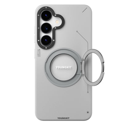 Galaxy S25 Kılıf M-safe Şarj Özellikli 360° Standlı Basit Mat Deri Desenli Youngkit Tech Leather Serisi Kapak Siyah