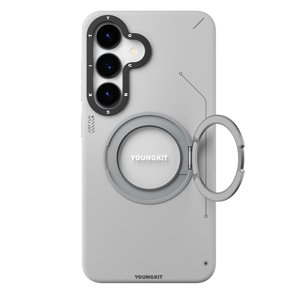 Galaxy S25 Kılıf M-safe Şarj Özellikli 360° Standlı Basit Mat Deri Desenli Youngkit Tech Leather Serisi Kapak Kahverengi