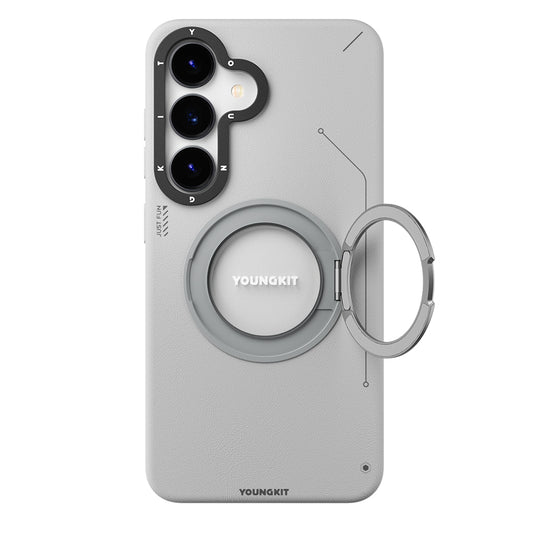 Galaxy S25 Kılıf M-safe Şarj Özellikli 360° Standlı Basit Mat Deri Desenli Youngkit Tech Leather Serisi Kapak Gri