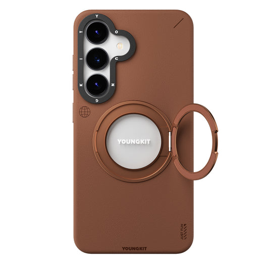 Galaxy S25 Kılıf M-safe Şarj Özellikli 360° Standlı Basit Mat Deri Desenli Youngkit Tech Leather Serisi Kapak Kahverengi