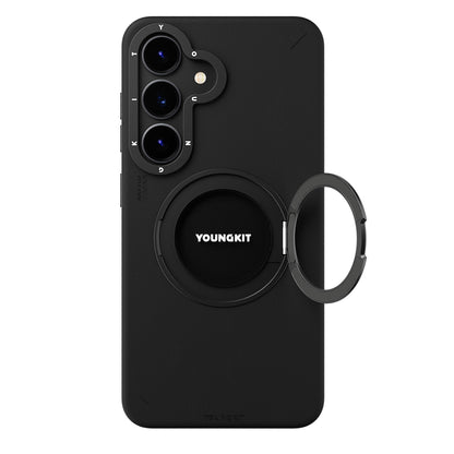 Galaxy S25 Kılıf M-safe Şarj Özellikli 360° Standlı Basit Mat Deri Desenli Youngkit Tech Leather Serisi Kapak Siyah