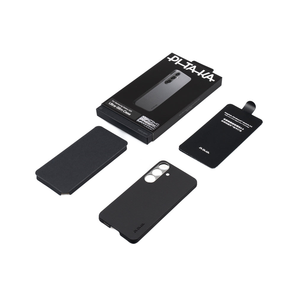 Galaxy S25 Kılıf M-safe Şarj Özellikli 600D Aramid Fiber Pitaka Ultra-Slim Classic Serisi Black-Grey Twill Kapak Siyah-Gri