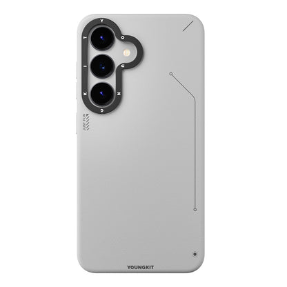 Galaxy S25 Kılıf M-safe Şarj Özellikli Basit Mat Deri Desenli Youngkit Tech Fashion Serisi Kapak Gümüş