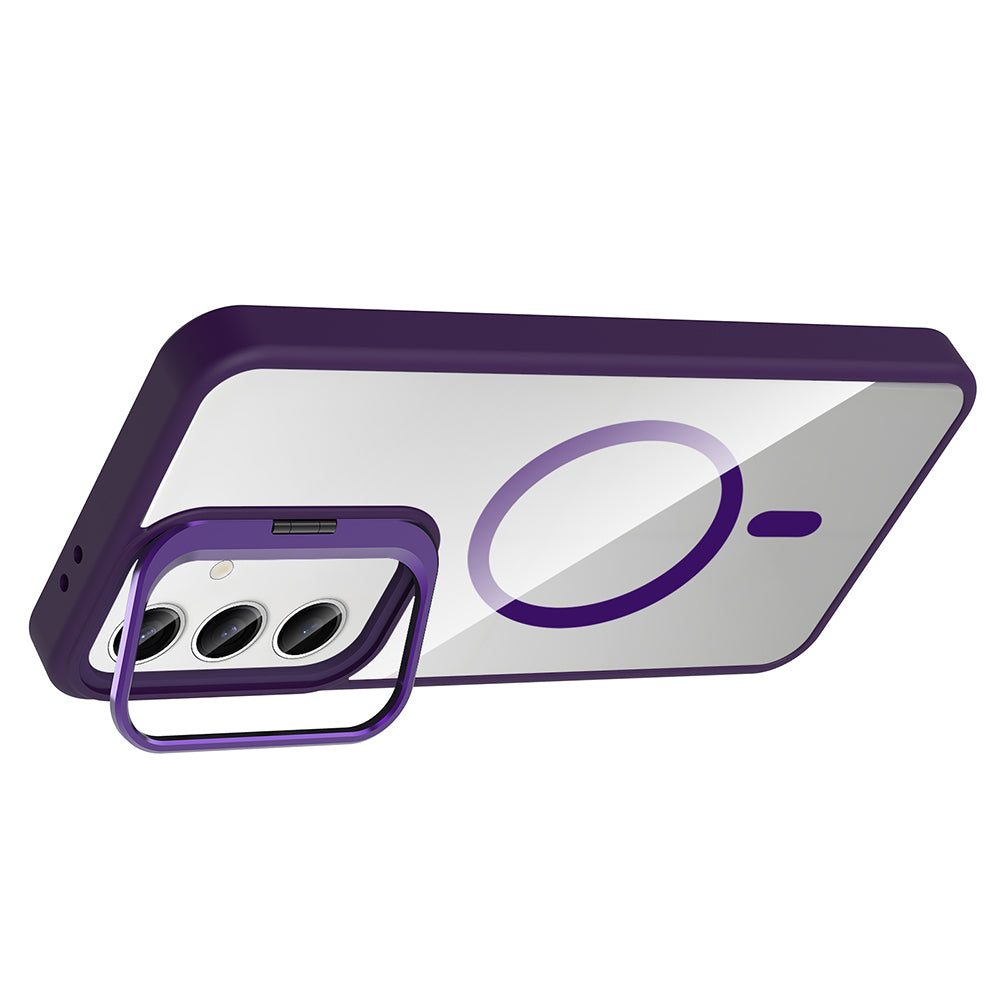 Galaxy S25 Kılıf Standlı ve Kamera Lens Hediyeli M-Safe Şarj Özellikli Zore Etro Kapak Gri