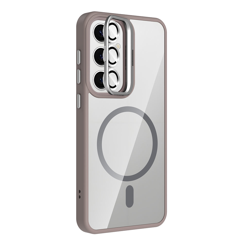 Galaxy S25 Kılıf Standlı ve Kamera Lens Hediyeli M-Safe Şarj Özellikli Zore Etro Kapak Gri