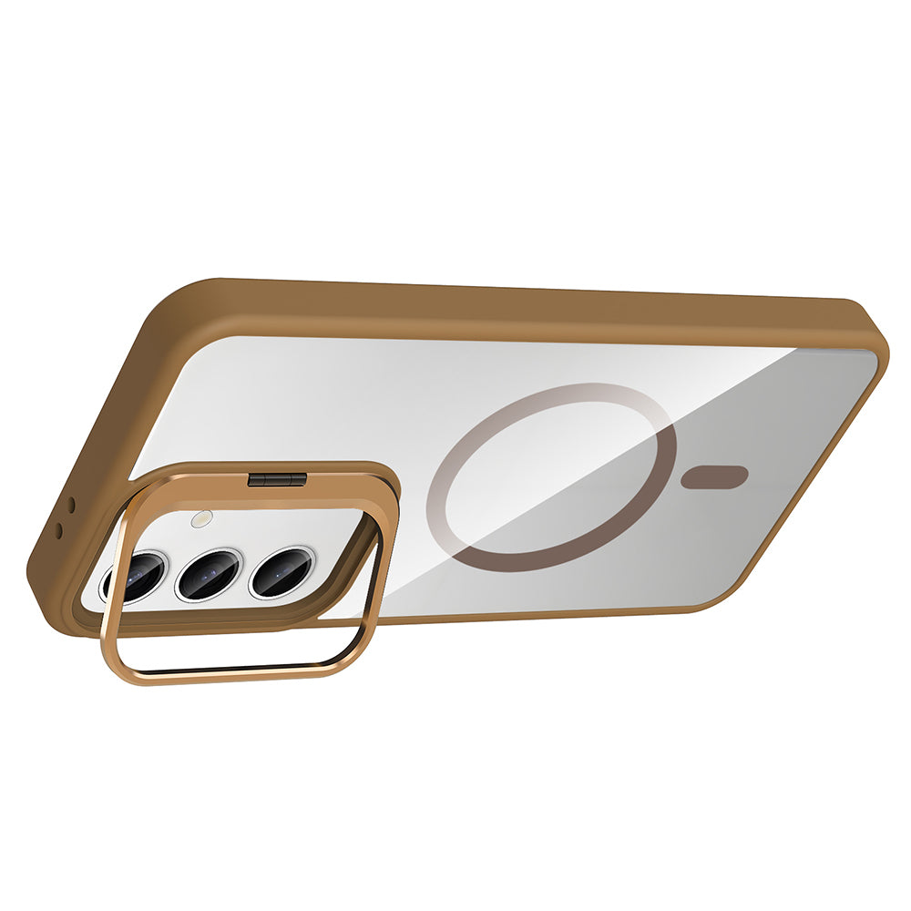 Galaxy S25 Kılıf Standlı ve Kamera Lens Hediyeli M-Safe Şarj Özellikli Zore Etro Kapak Desert Titanyum