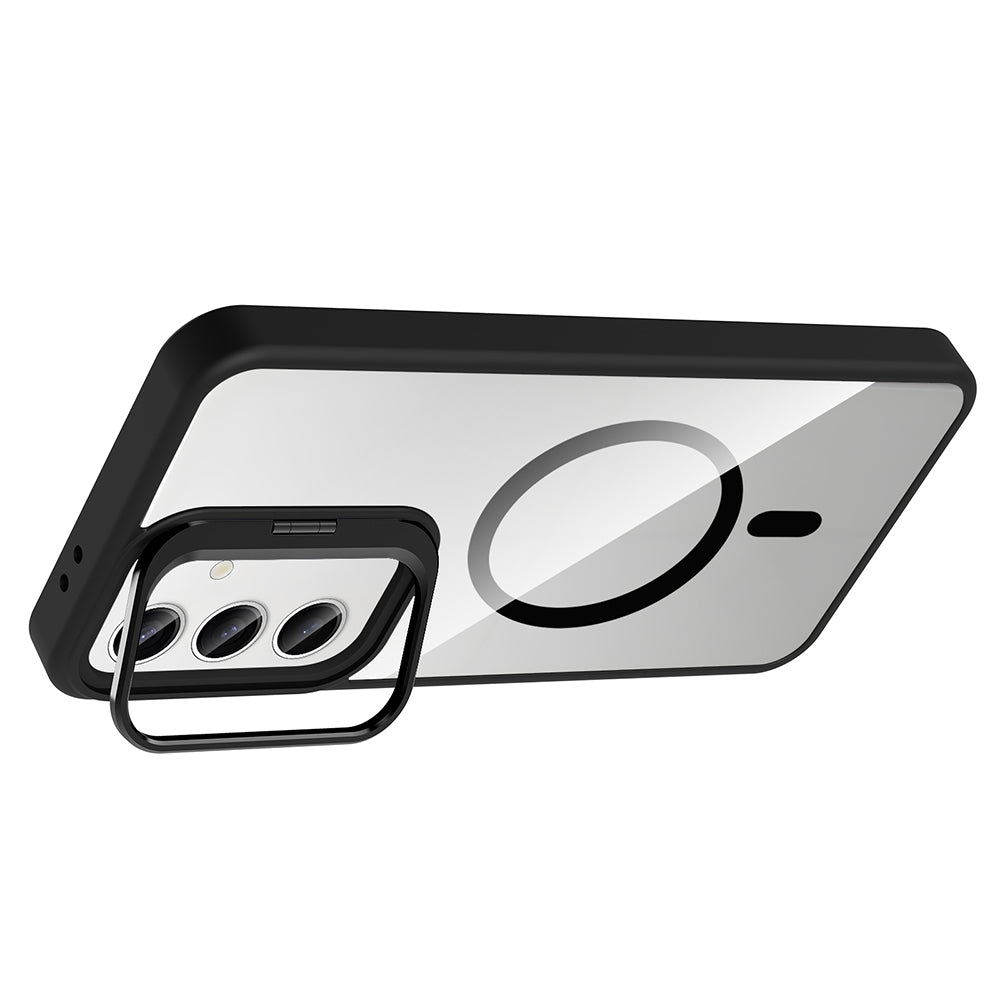 Galaxy S25 Kılıf Standlı ve Kamera Lens Hediyeli M-Safe Şarj Özellikli Zore Etro Kapak Siyah