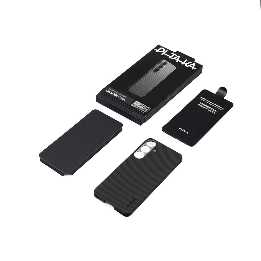 Galaxy S25 Plus Kılıf M-safe Şarj Özellikli 600D Aramid Fiber Pitaka Ultra-Slim Classic Serisi Black-Grey Twill Kapak Siyah-Gri