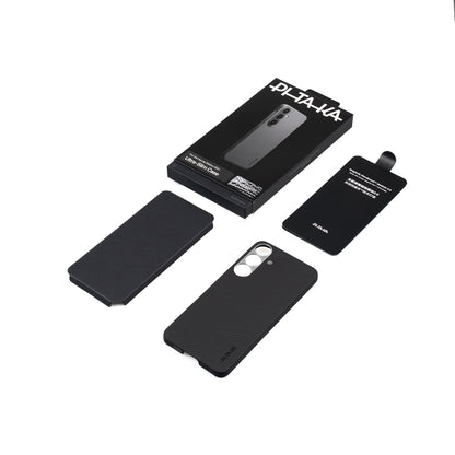 Galaxy S25 Plus Kılıf M-safe Şarj Özellikli 600D Aramid Fiber Pitaka Ultra-Slim Classic Serisi Black-Grey Twill Kapak Siyah-Gri