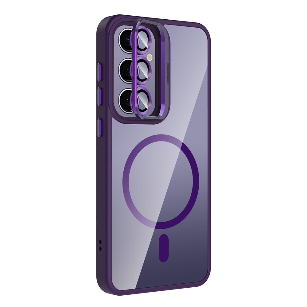 Galaxy S25 Plus Kılıf Standlı ve Kamera Lens Hediyeli M-Safe Şarj Özellikli Zore Etro Kapak Gri