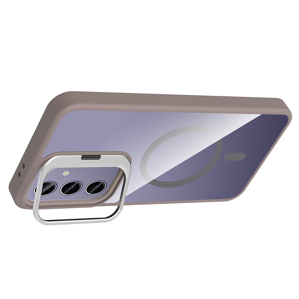 Galaxy S25 Plus Kılıf Standlı ve Kamera Lens Hediyeli M-Safe Şarj Özellikli Zore Etro Kapak Gri