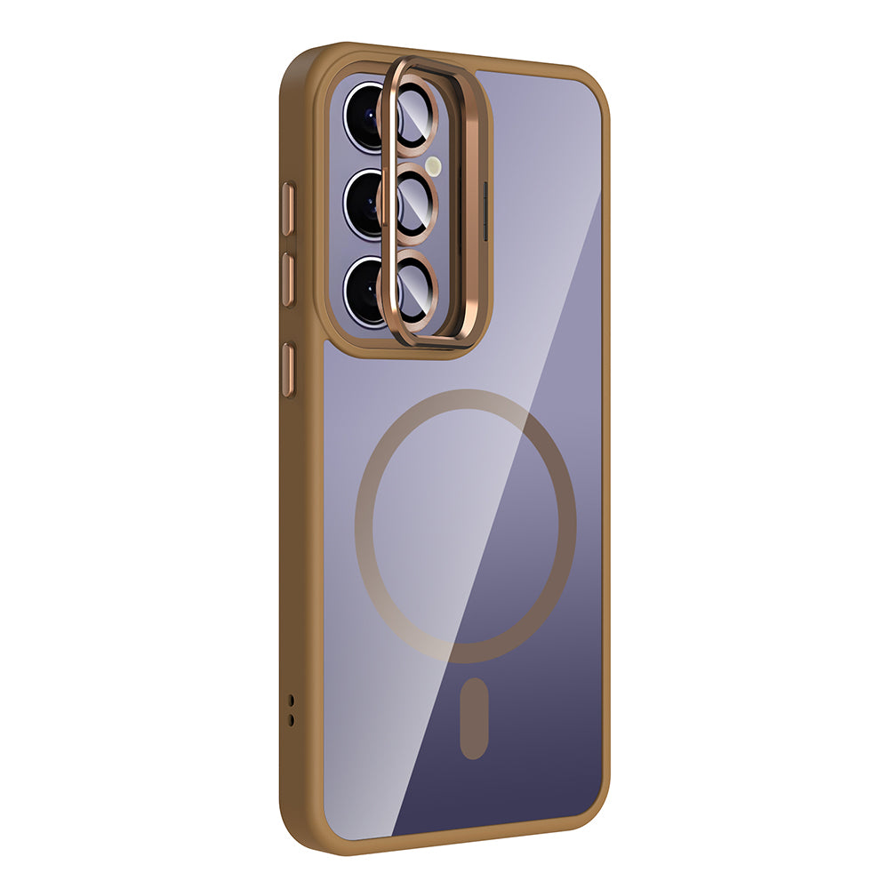 Galaxy S25 Plus Kılıf Standlı ve Kamera Lens Hediyeli M-Safe Şarj Özellikli Zore Etro Kapak Gri