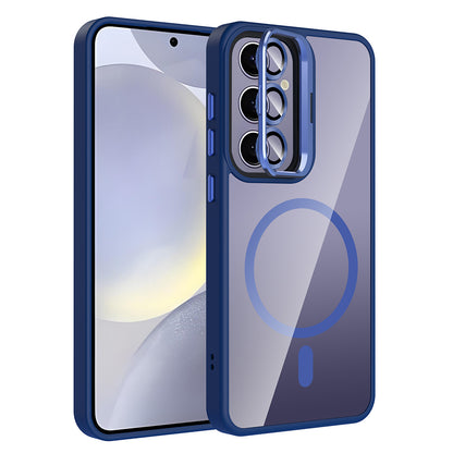 Galaxy S25 Plus Kılıf Standlı ve Kamera Lens Hediyeli M-Safe Şarj Özellikli Zore Etro Kapak Lacivert