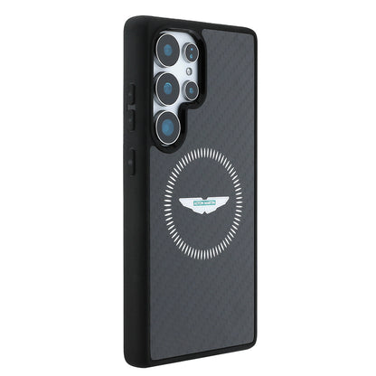 Galaxy S25 Ultra Kılıf Aston Martin Orjinal Lisanslı M-safe Şarj Özellikli Radyal Halka ve Karbon Fiber Tasarımlı Kapak Siyah
